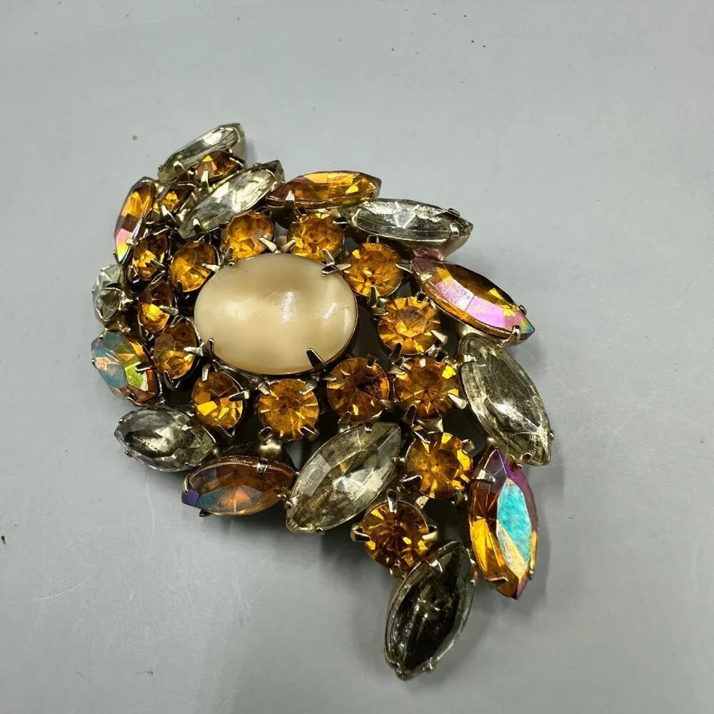 Vintage Amber Color Rhinestone Brooch Silver Tone Navette Aurora Borealis